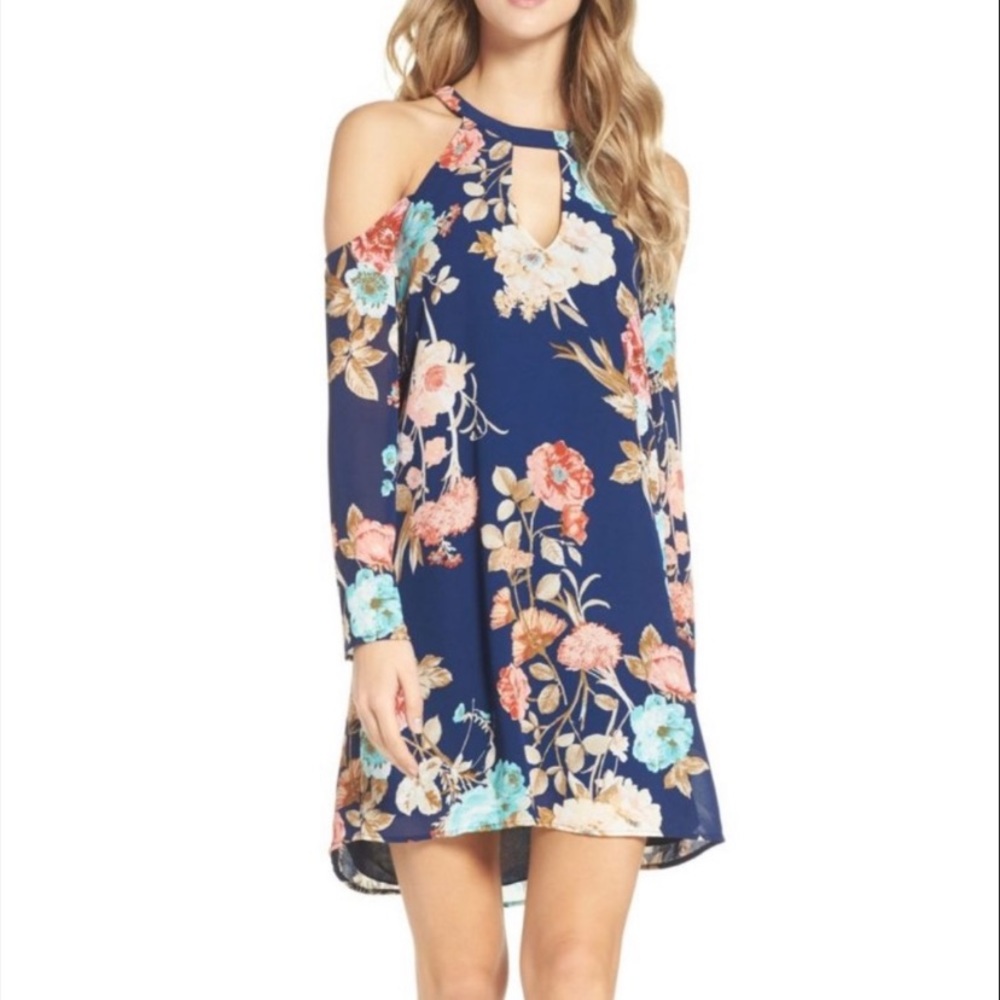 Charles Henry Blue Floral Cold Shoulder Dress, Size M